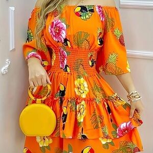 Floral Off-Shoulder Dress in Vibrant Orange women’s size 8 stretch